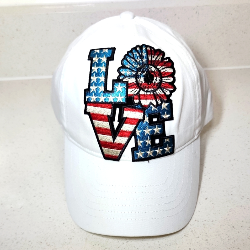 Patriotic Women's Cap - White with Red and Blue Design LOVE Patch New With Tag.